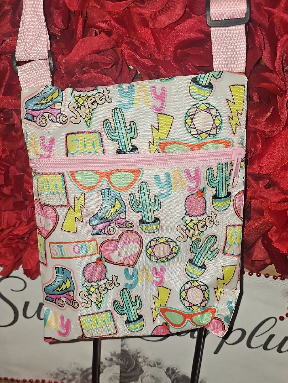 Kids New Pink Patterned Crossbody Bag - Cute Cactus & Roller Skate Design
